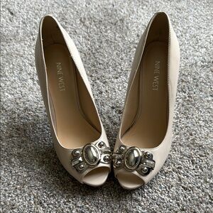 Nine West Cream Peep-Toe Heels with Silver Accents